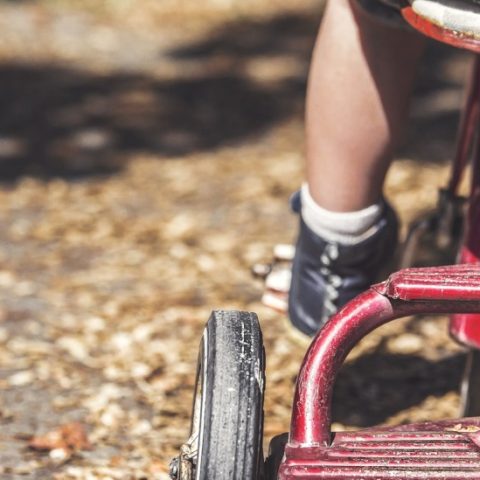 Rear image of child on tricycle