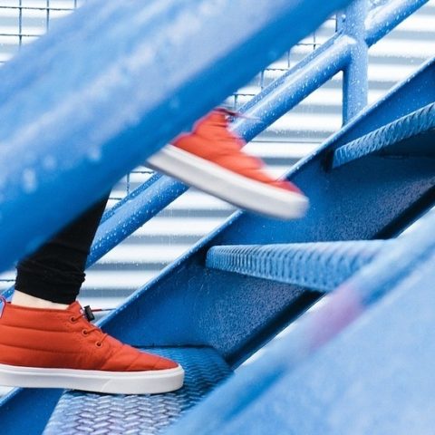 Step by Step - Red shoes walking up blue steps Image by Free-Photos from Pixabay