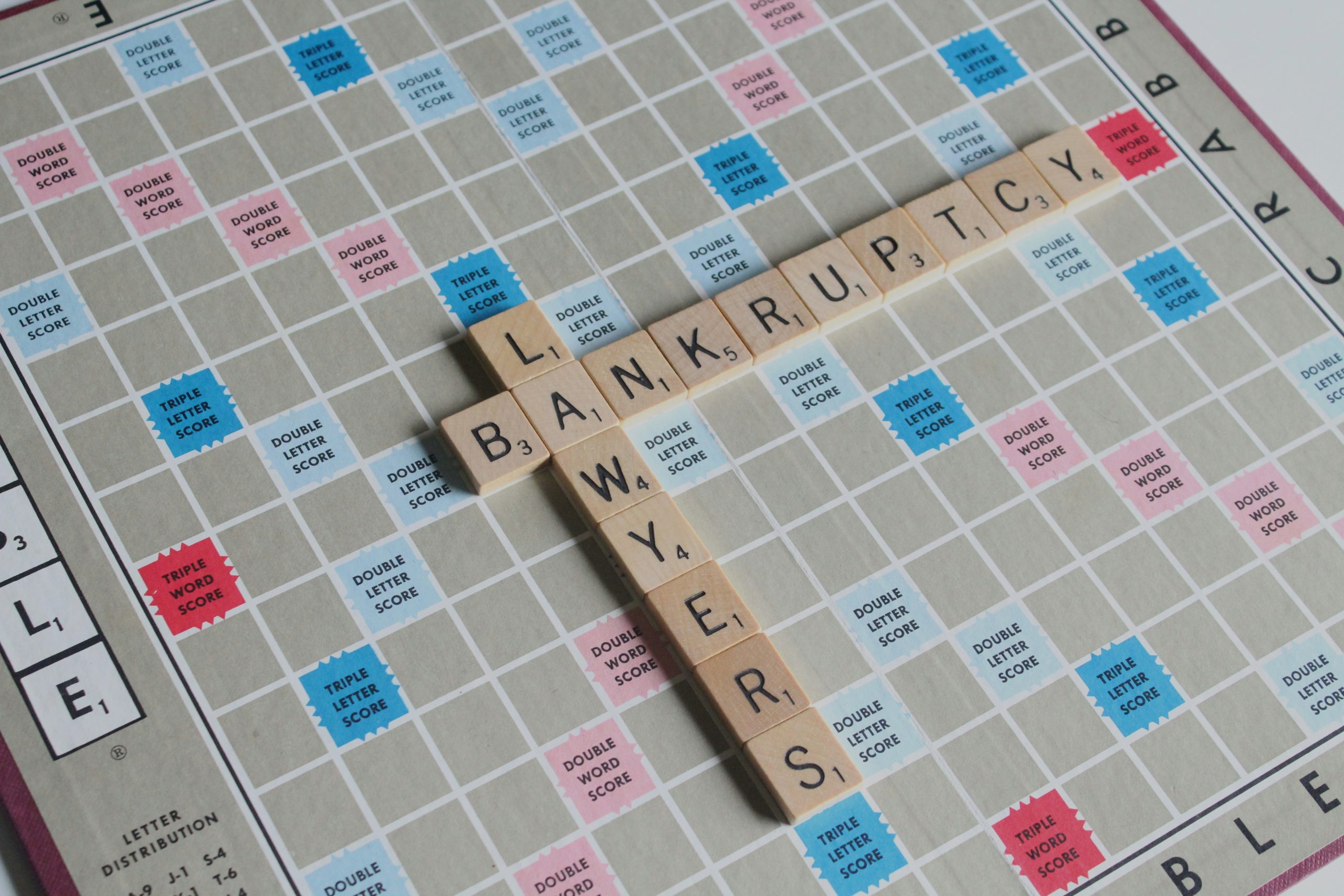 Image of scrabble board showing the words bankruptcy lawyers. Legal advice should be sought when considering bankruptcy and business management .